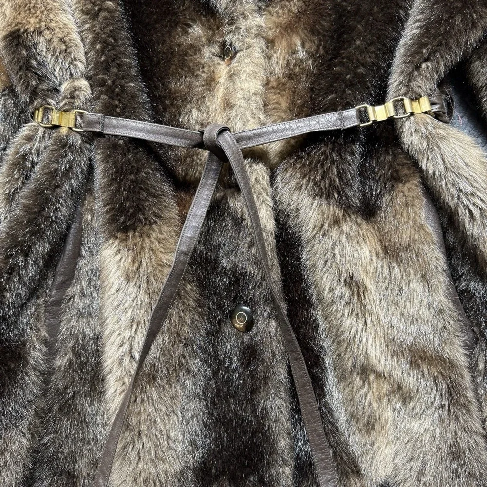 VTG Russell Taylor Faux Fur Coat Belted Women's M/L Brown Patchwork 60s 70s READ